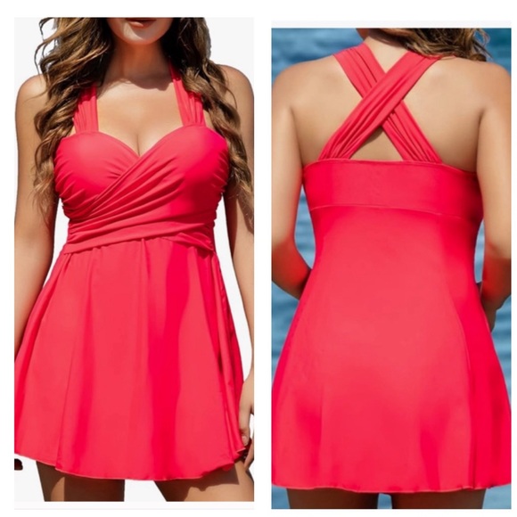 COCOPEAR Coral Pink Ruched Bodice Skirted One-Piece Maternity Swimsuit - Picture 1 of 7
